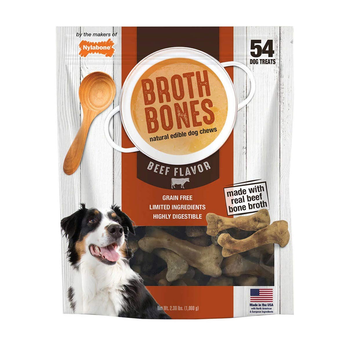 Nylabone Huesos Caldo de Res para perros, masticación segura y sabrosa.