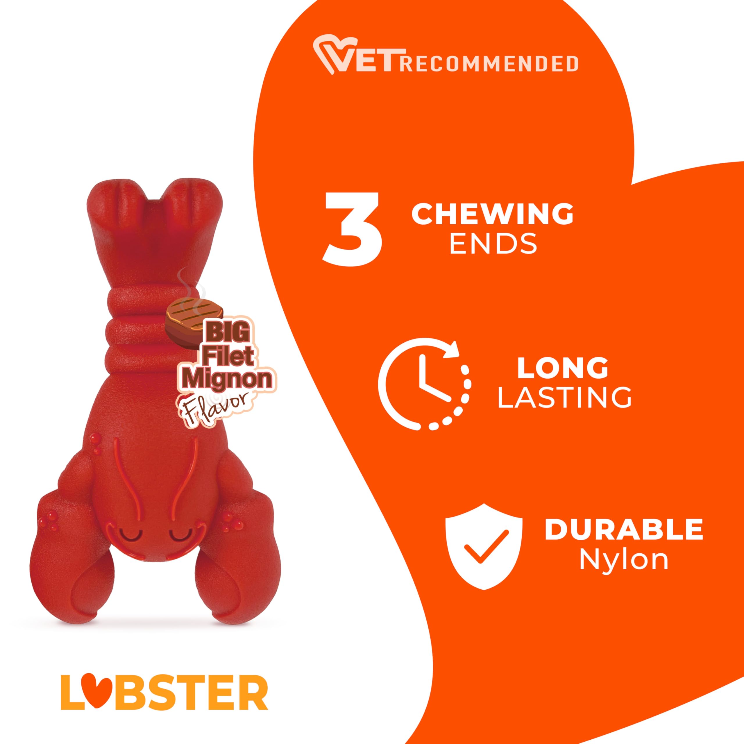 Nylabone Juguete Langosta Power Chew con sabor filet mignon para masticación prolongada.
