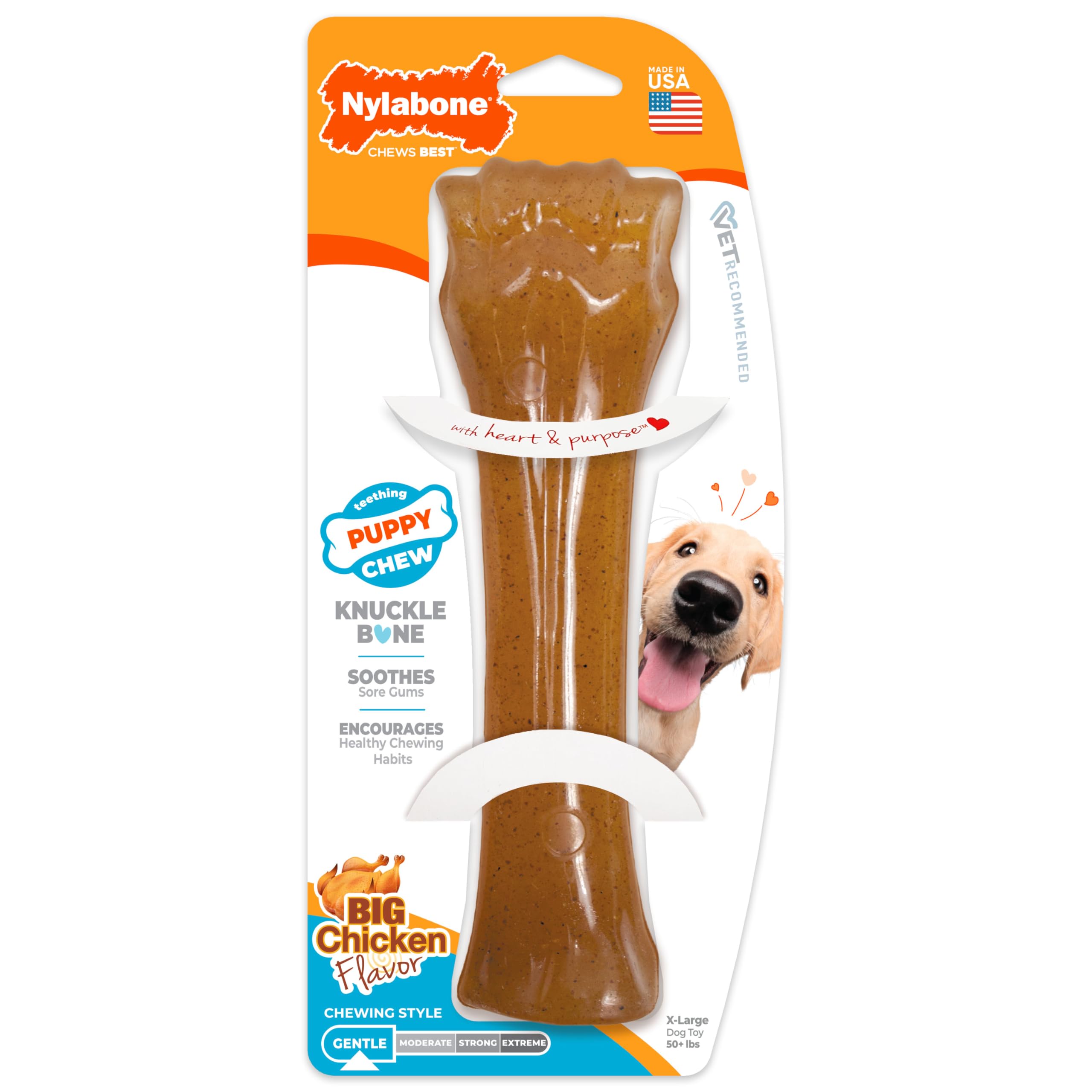 Nylabone Puppy Chew Knuckle Bone, vista frontal, ideal para cachorros grandes que buscan alivio dental.