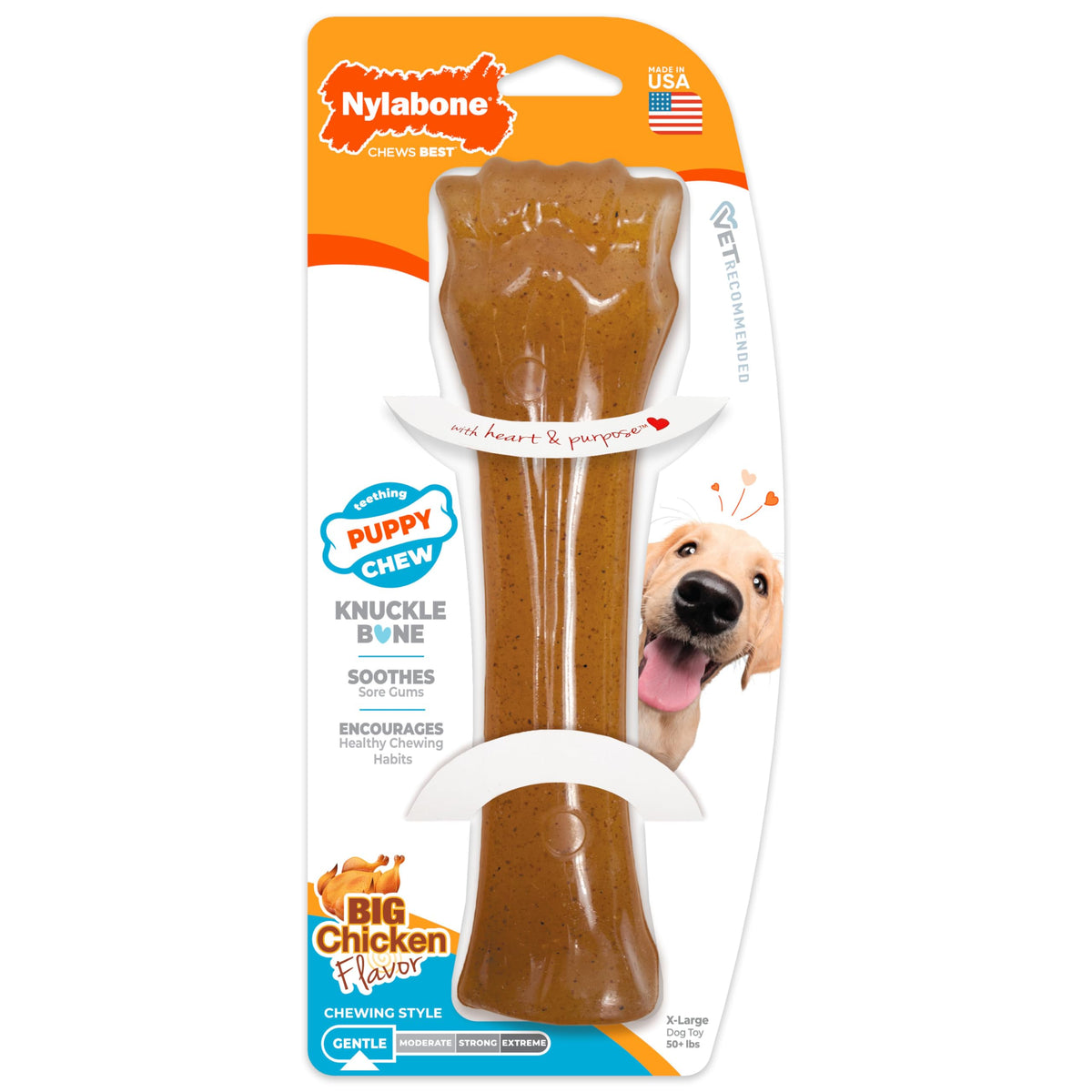Nylabone Puppy Chew Knuckle Bone, vista frontal, ideal para cachorros grandes que buscan alivio dental.