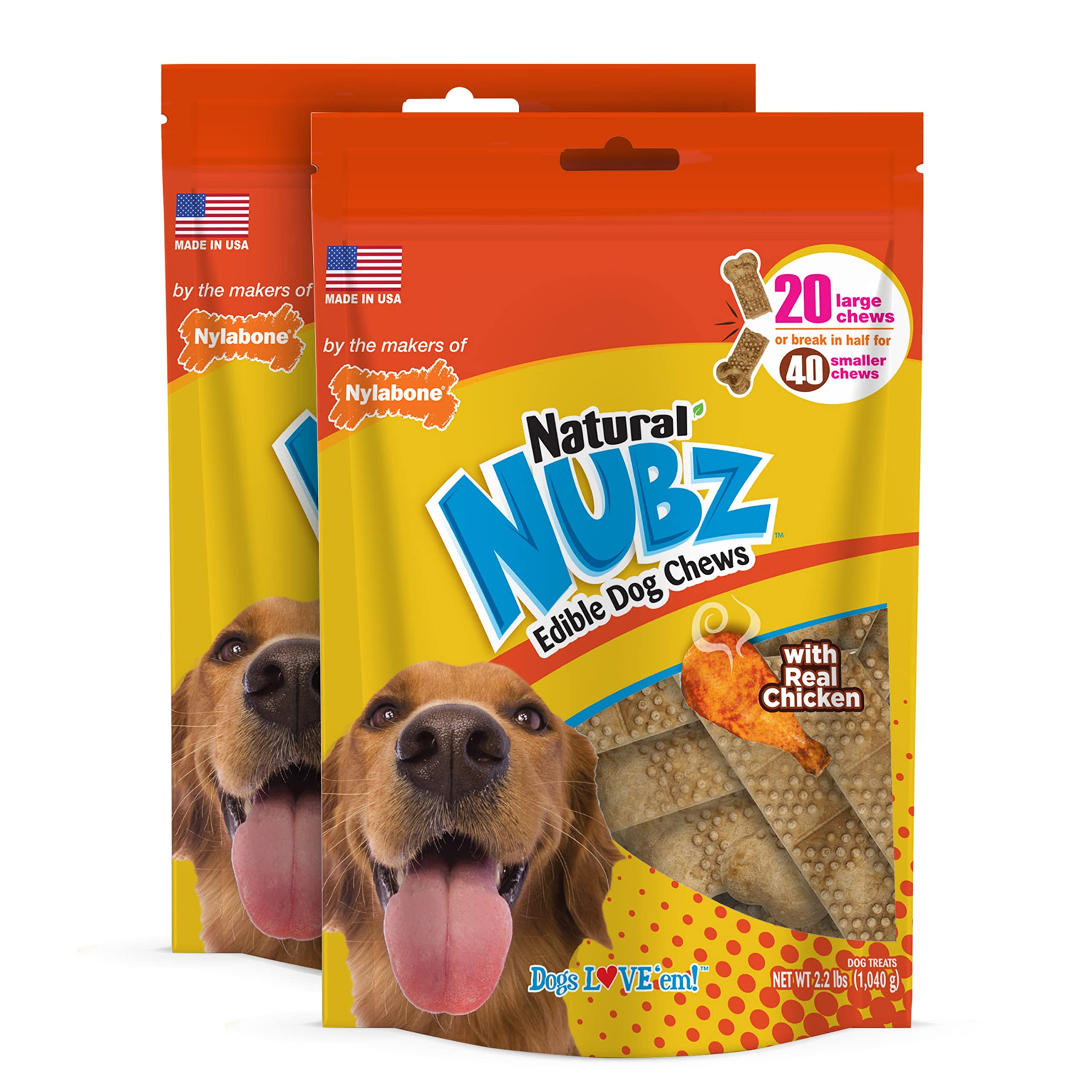 Nylabone Nubz en caja de dos paquetes, 20 unidades cada uno, para perros grandes.
