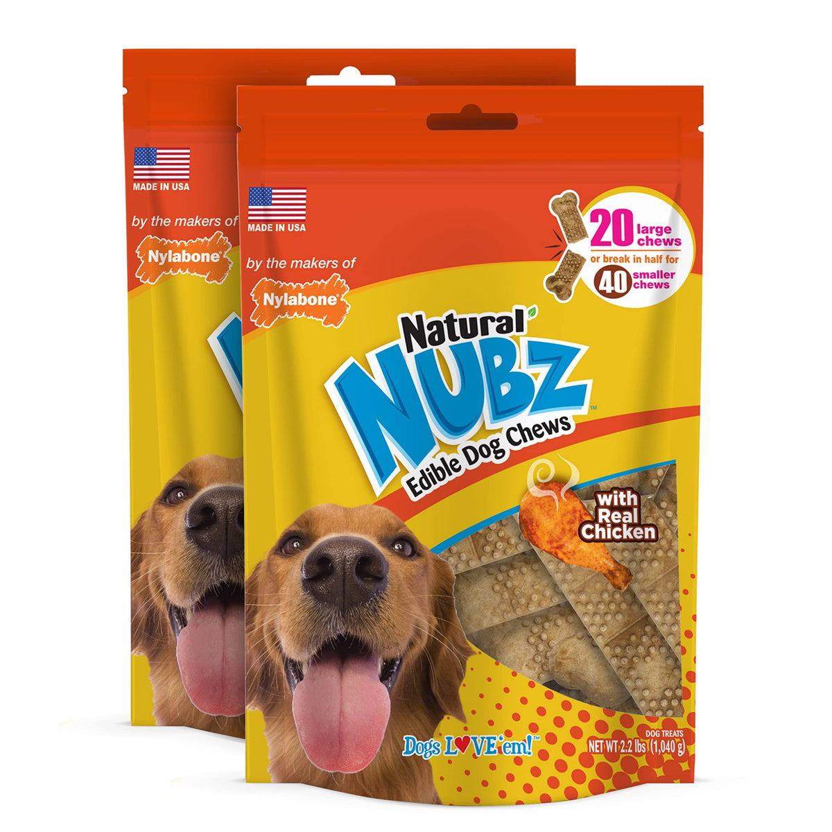 Nylabone Nubz en caja de dos paquetes, 20 unidades cada uno, para perros grandes.