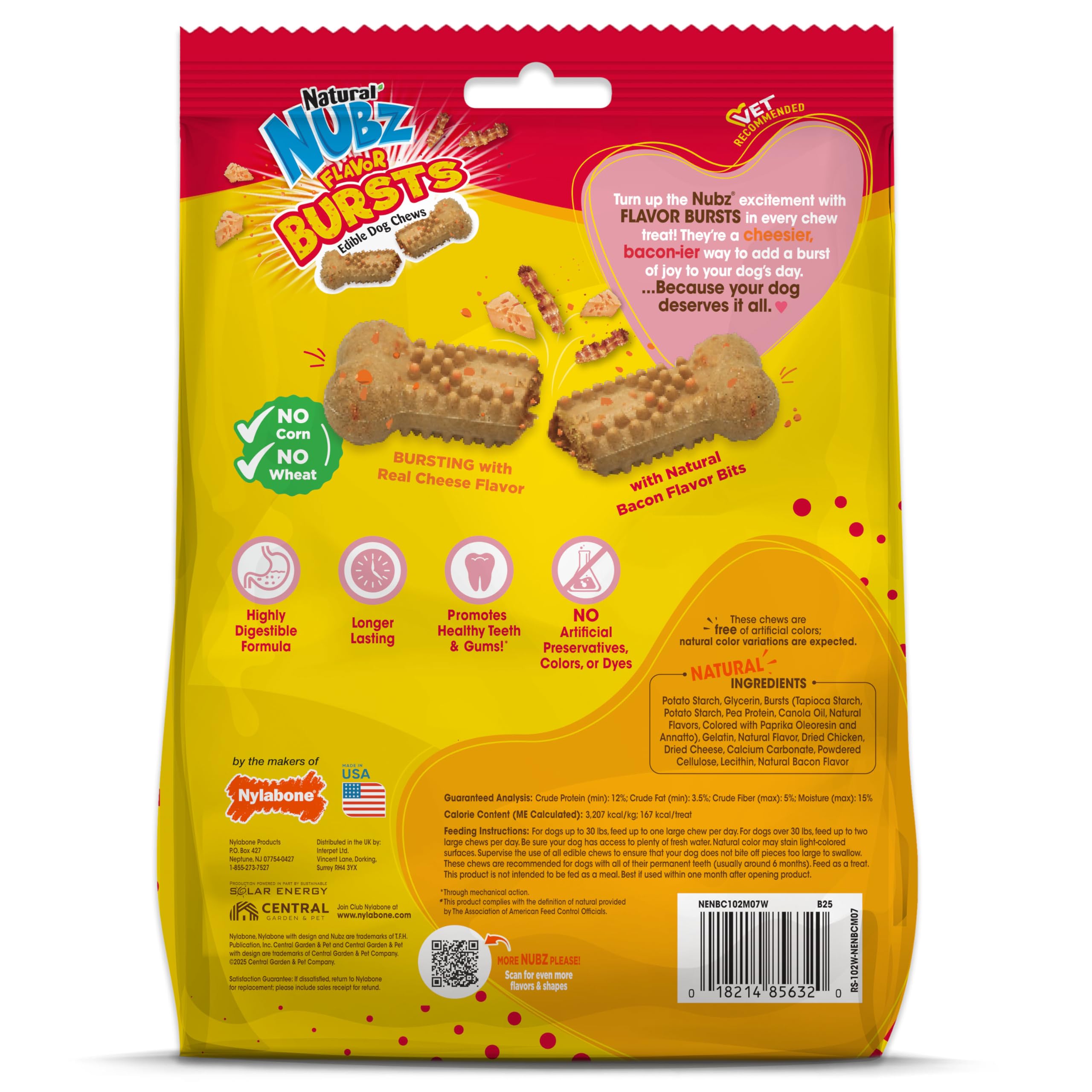Nylabone Nubz Bursts sabor queso y bacon, recompensa sabrosa para perros grandes.