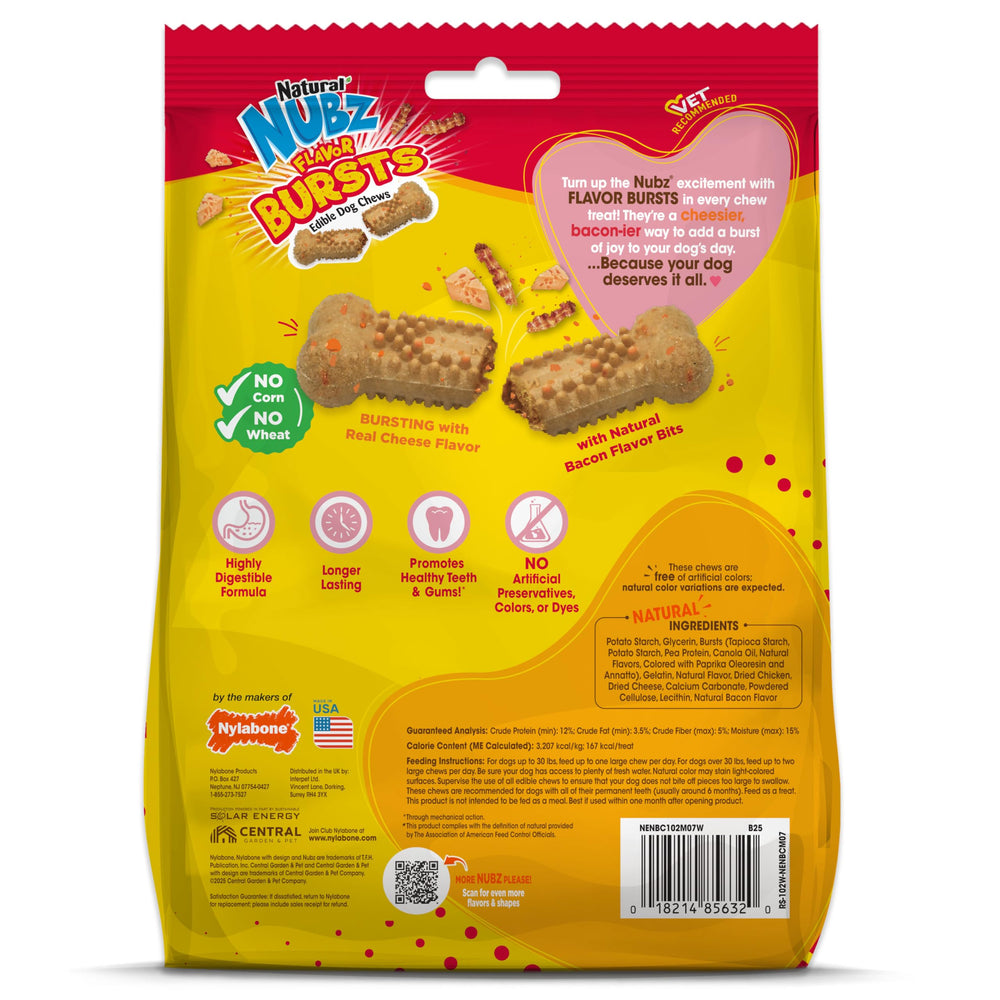 Nylabone Nubz Bursts sabor queso y bacon, recompensa sabrosa para perros grandes.