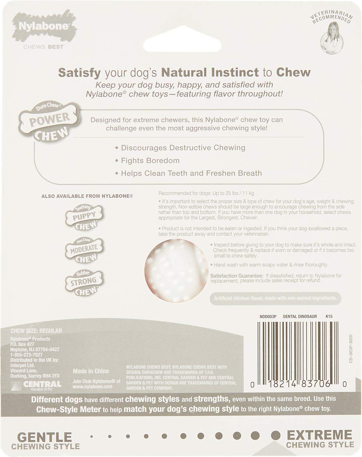 Nylabone Power Chew Dental Dino diseñadas para masajear encías durante la masticación.
