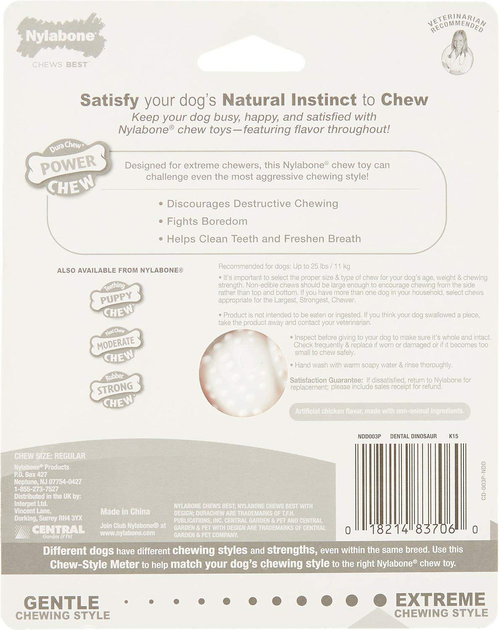 Nylabone Power Chew Dental Dino diseñadas para masajear encías durante la masticación.
