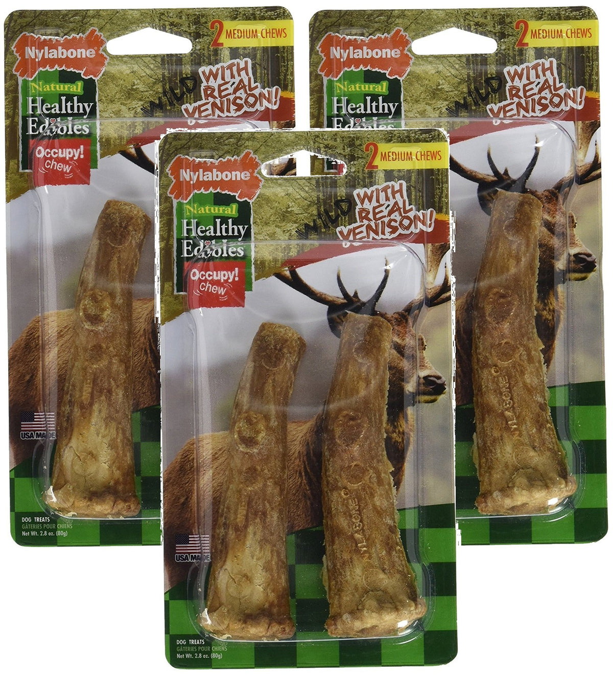 Nylabone comestibles sanos: asta de venado real para perros, promueve salud dental.