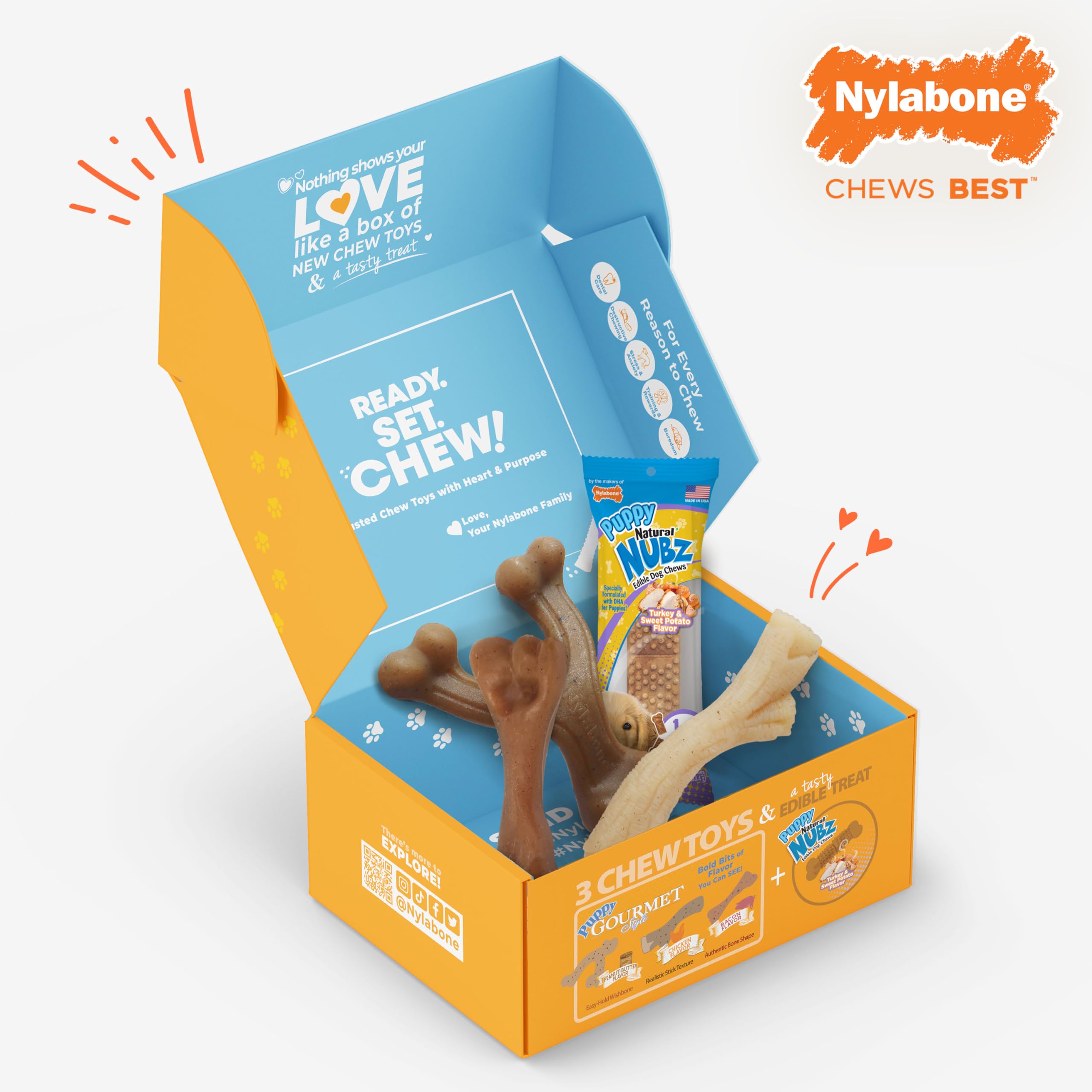 nylabone Nubz con DHA y Omega-3 para cachorros saludables.