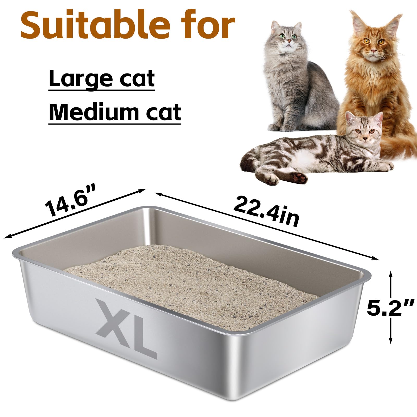 Nyutu caja de arena para gatos acero inoxidable XL, bordes redondeados, manejo seguro.