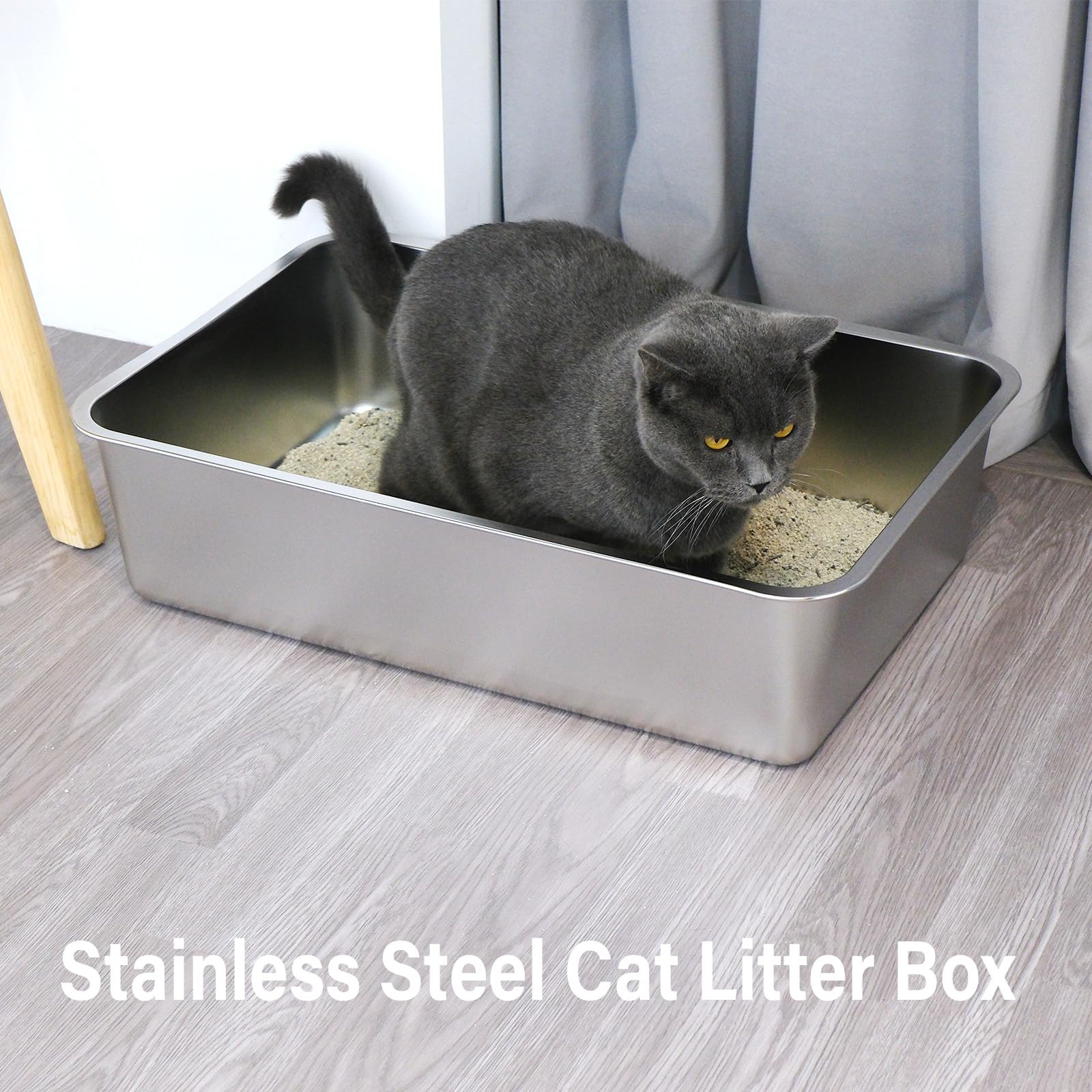 Nyutu caja de arena para gatos acero inoxidable XL, resistente, apoyo estable incluso con arena pesada.
