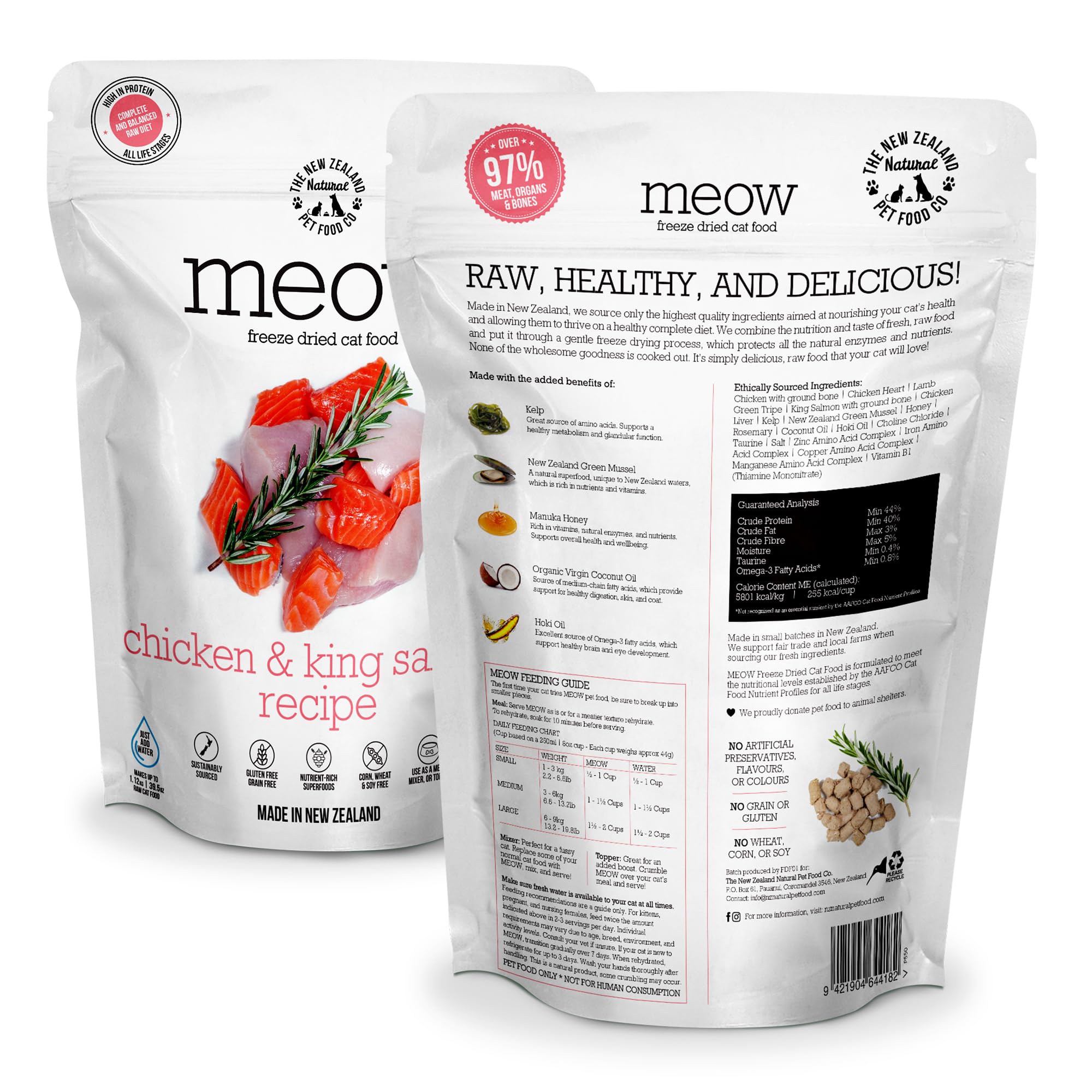The New Zealand Natural Pet Food Co Meow Freeze Dried Cat Food Chicken King Salmon, ingredientes premium.