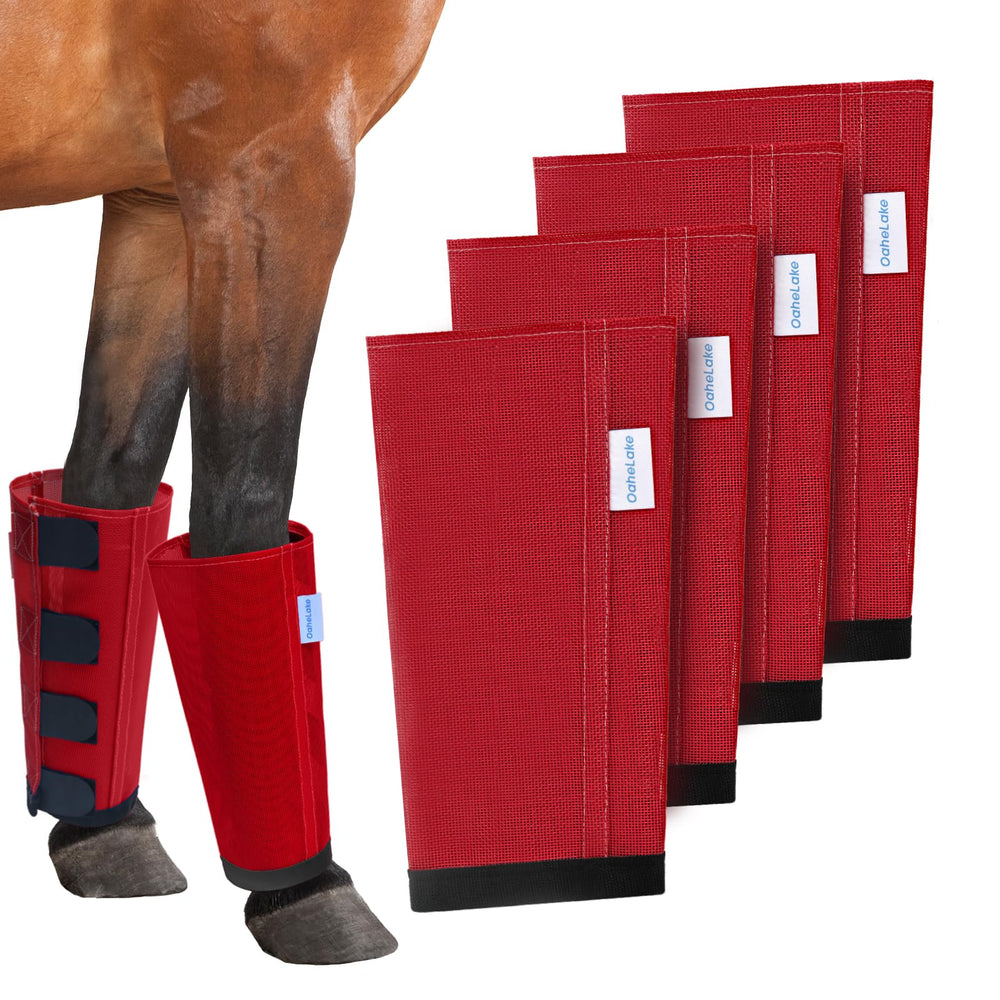 Botas OAHELAKE de malla para caballo en rojo, protección contra moscas para las patas.