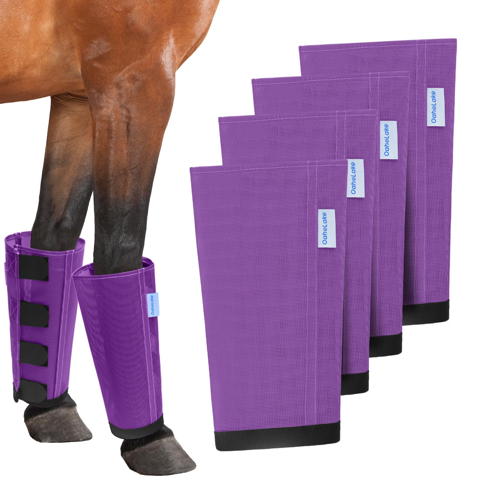 OAHELAKE protectores anti moscas para caballo morados cubriendo las cuatro patas en acción