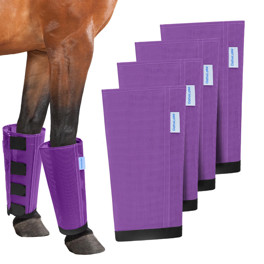 OAHELAKE protectores anti moscas para caballo morados cubriendo las cuatro patas en acción