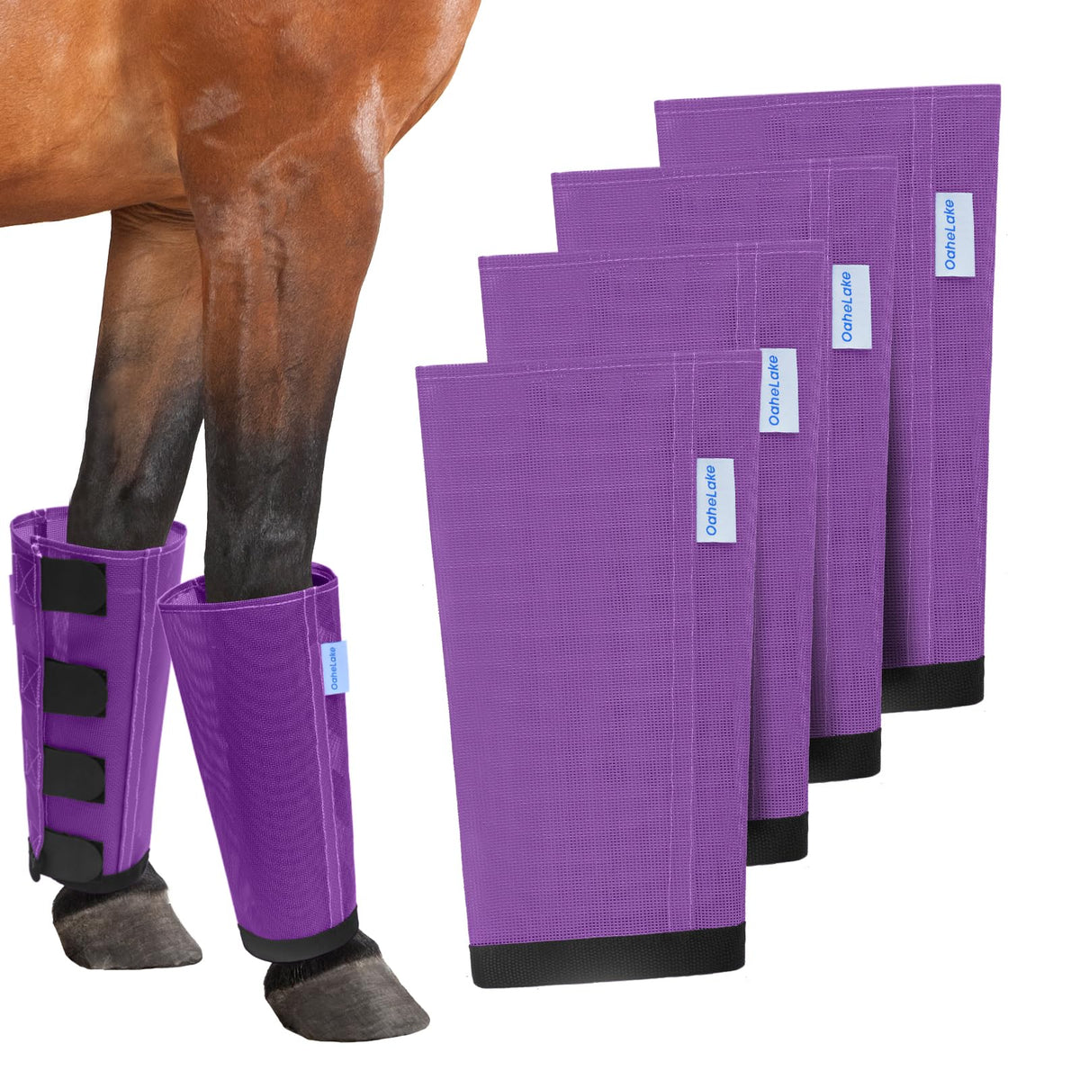 OAHELAKE protectores anti moscas para caballo morados cubriendo las cuatro patas en acción