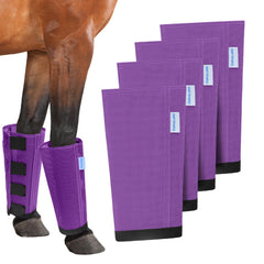 OAHELAKE protectores anti moscas para caballo morados cubriendo las cuatro patas en acción