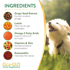 Ocu-GLO PB ingredientes: omega-3 y luteína para el cuidado ocular canino.