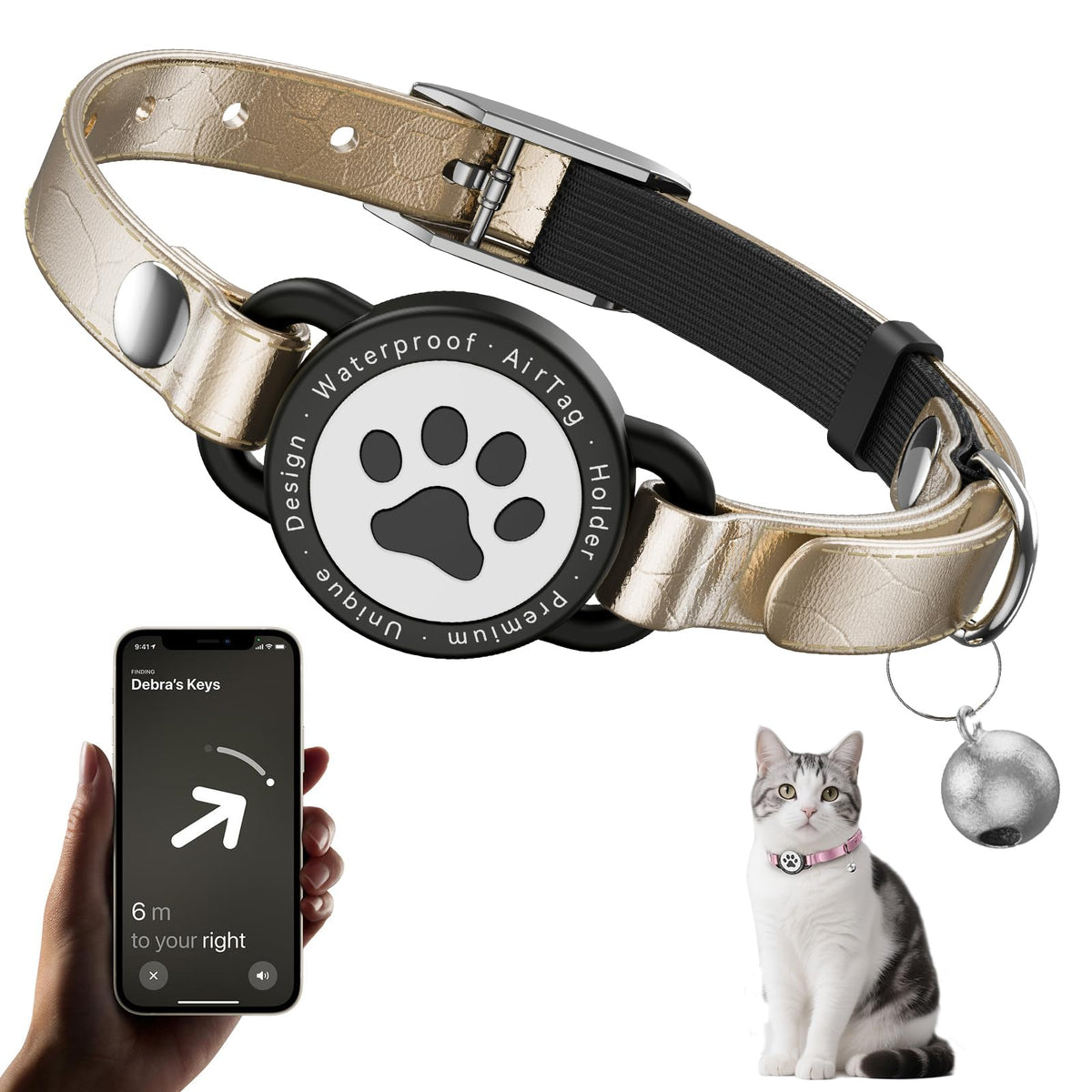 Odokele collar de cuero con AirTag y cierre metálico, ajuste seguro para gatos.