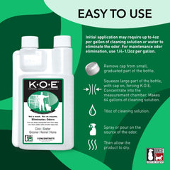 Etiqueta profesional de Odorcide KOE para uso en clínicas y jaulas.