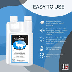 Aplicación de Odorcide Thornell Cat Odor-Off en área afectada para neutralizar olores.