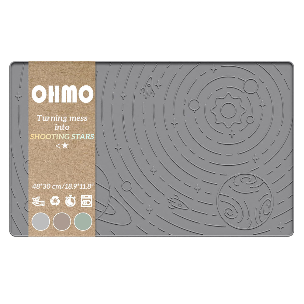 OHMO tapete para comida de perros en silicona gris con bordes elevados que controlan derrames.