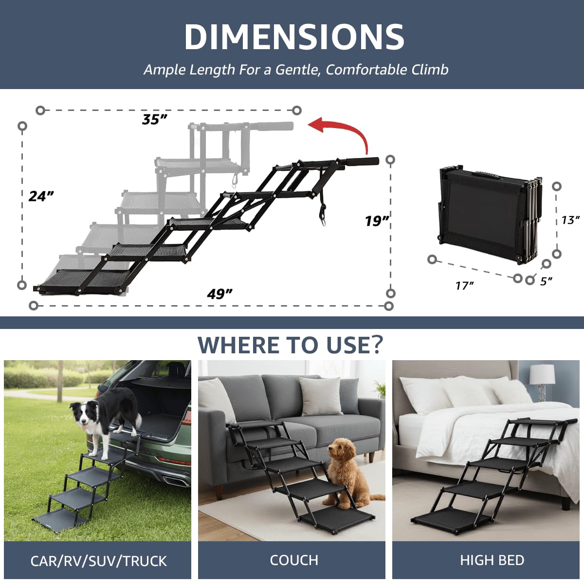 Oiilores rampa para coche para perros, base antideslizante y diseño estable para perros.