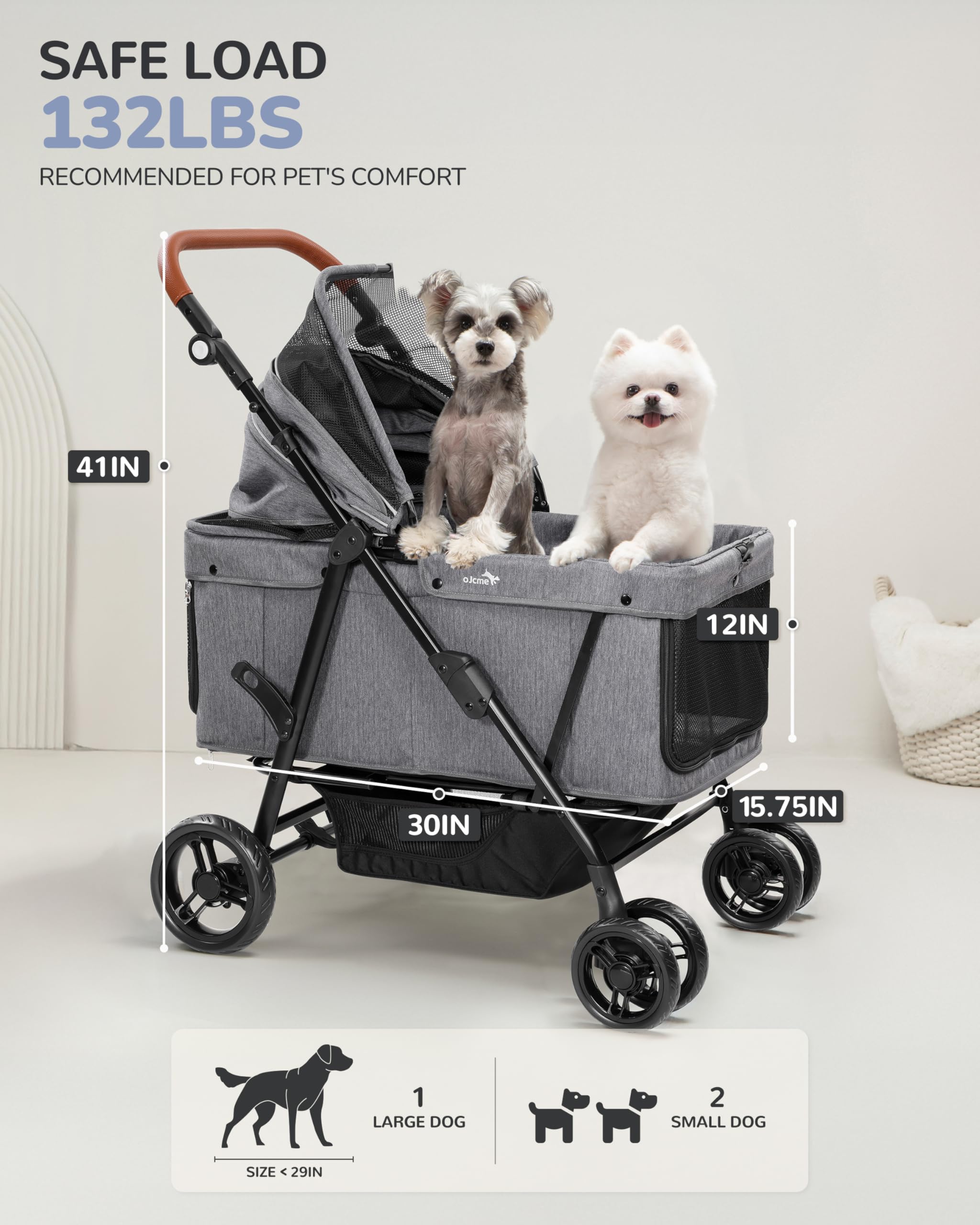 OJCME Carrito para dos perros medianos, espacio suficiente para confort.