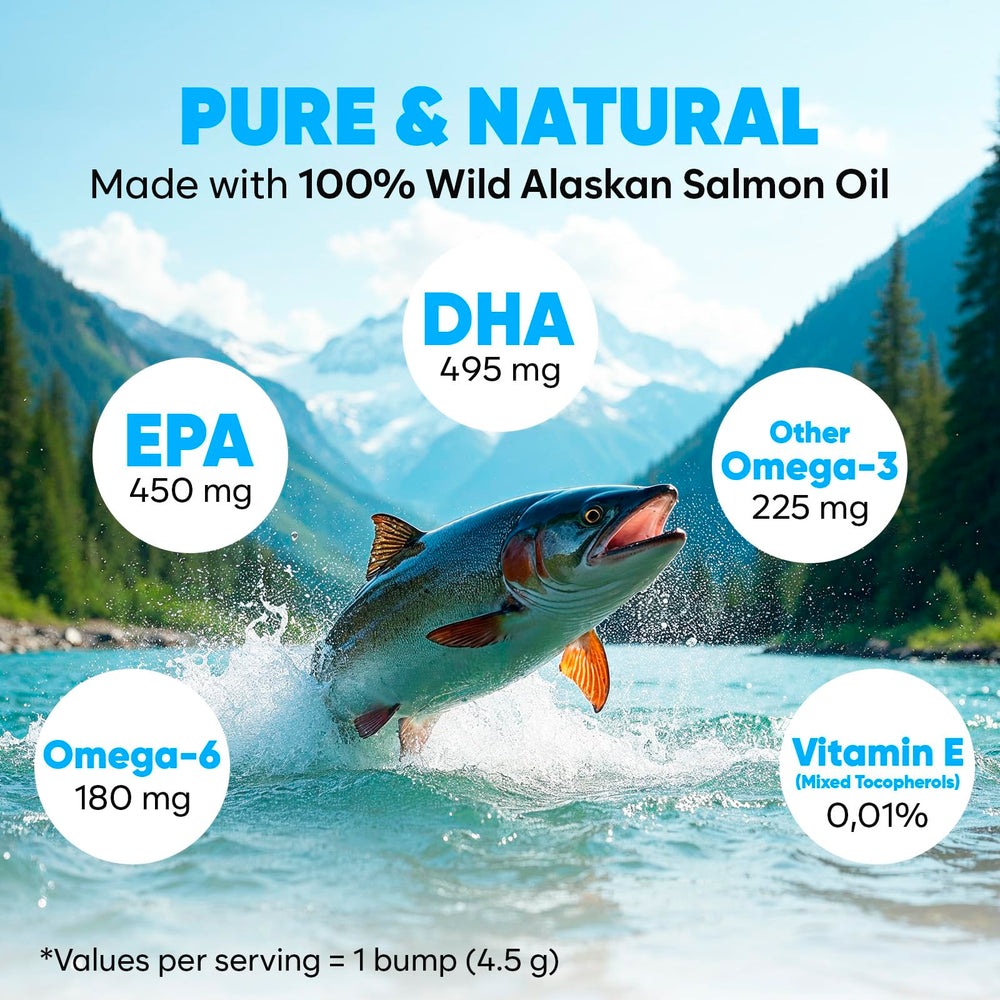 OKKÖBI aceite de salmón Alaska mejora pelaje suave y piel saludable.