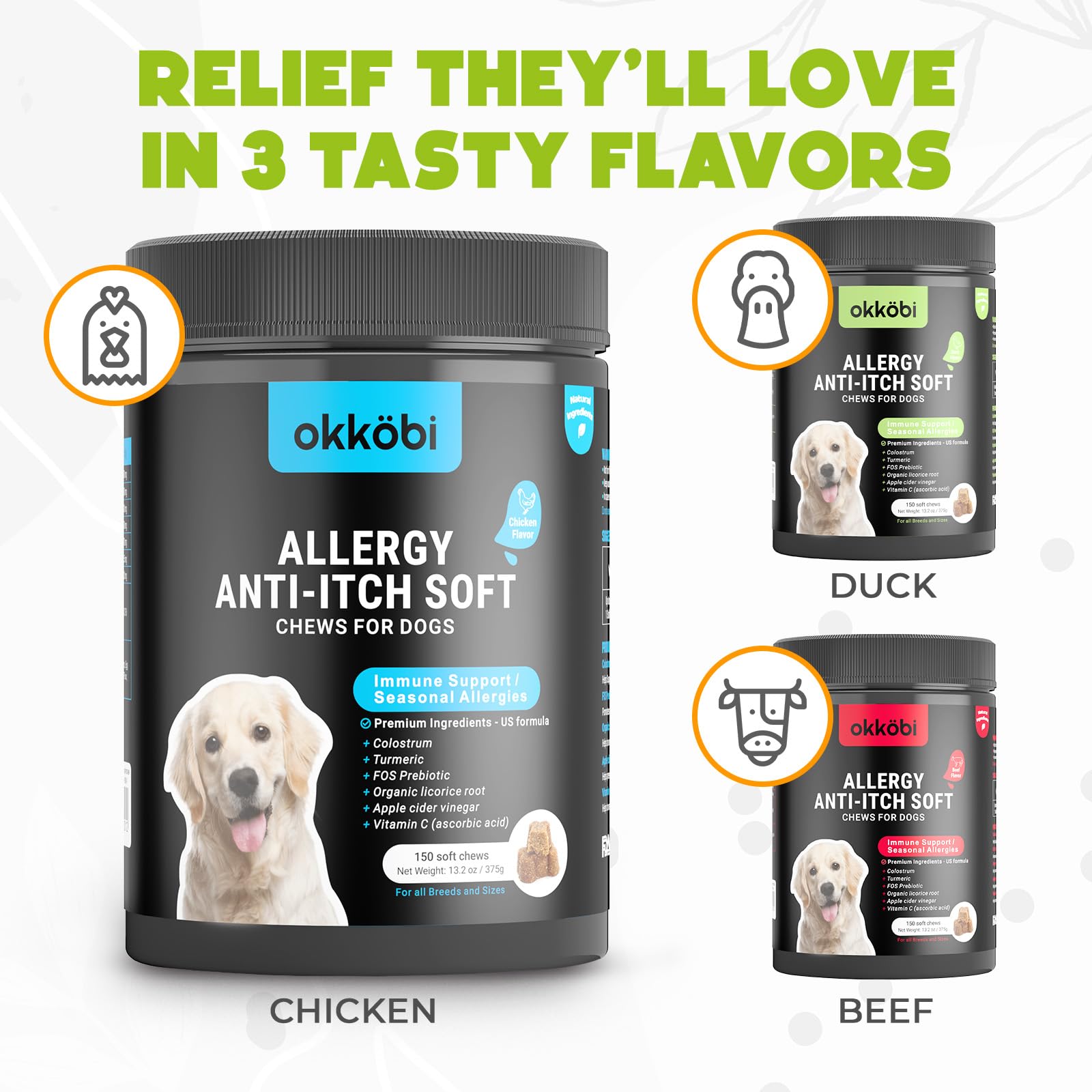 OKKÖBI alergia para perros: ingredientes clave visibles para apoyo digestivo y piel.