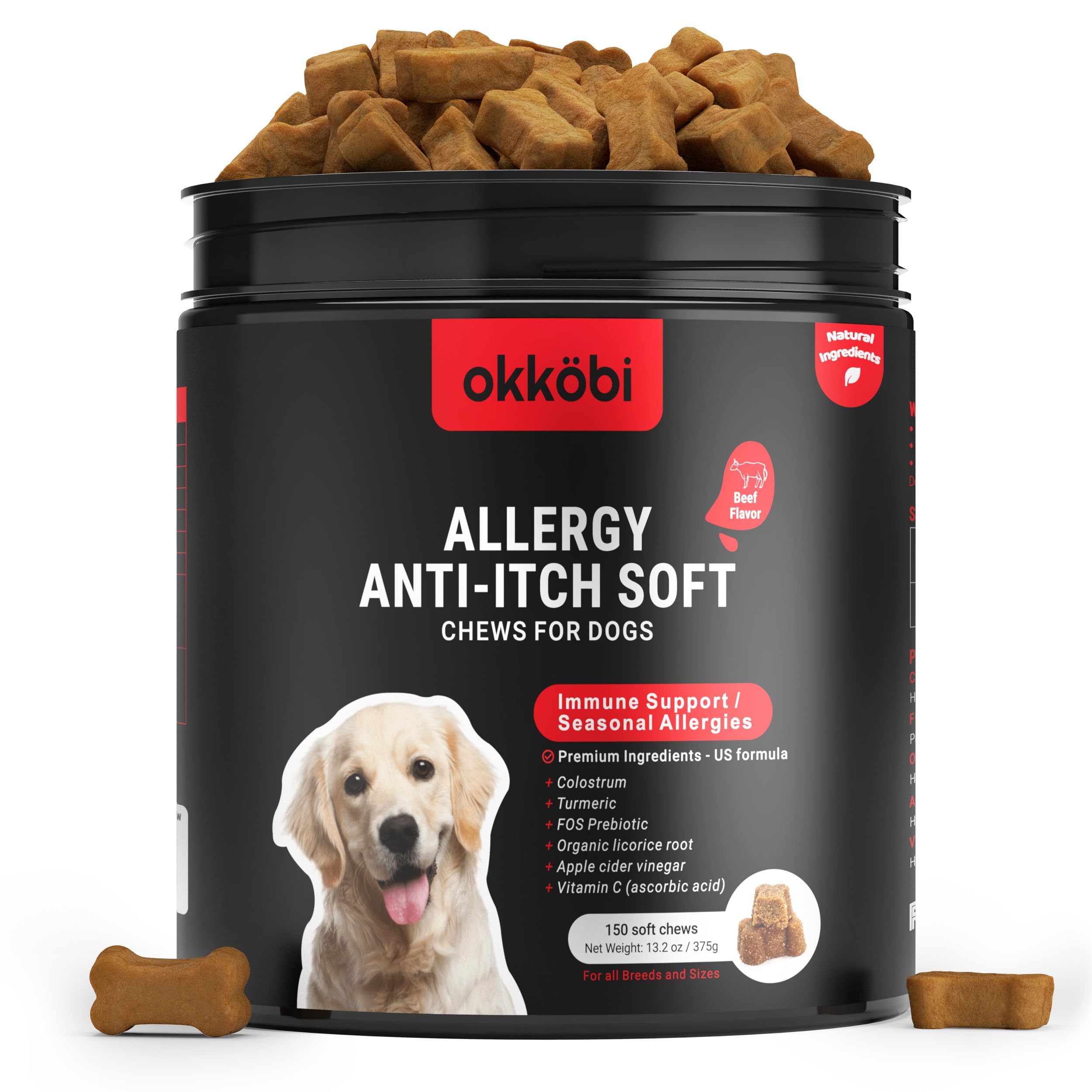 OKKÖBI Alergia para perros: empaque frontal, fácil reconocimiento para dueños ocupados.