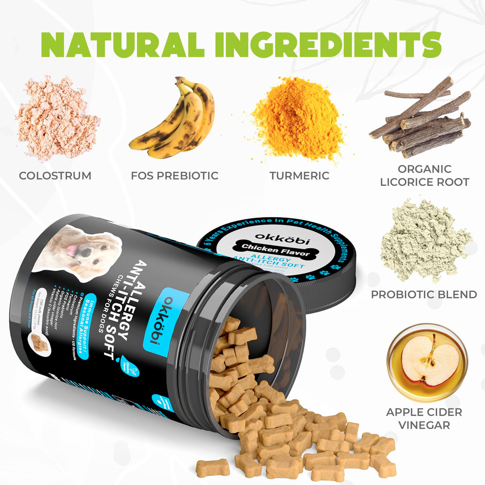 OKKÖBI alergia para perros: etiqueta con ingredientes clave y beneficios.
