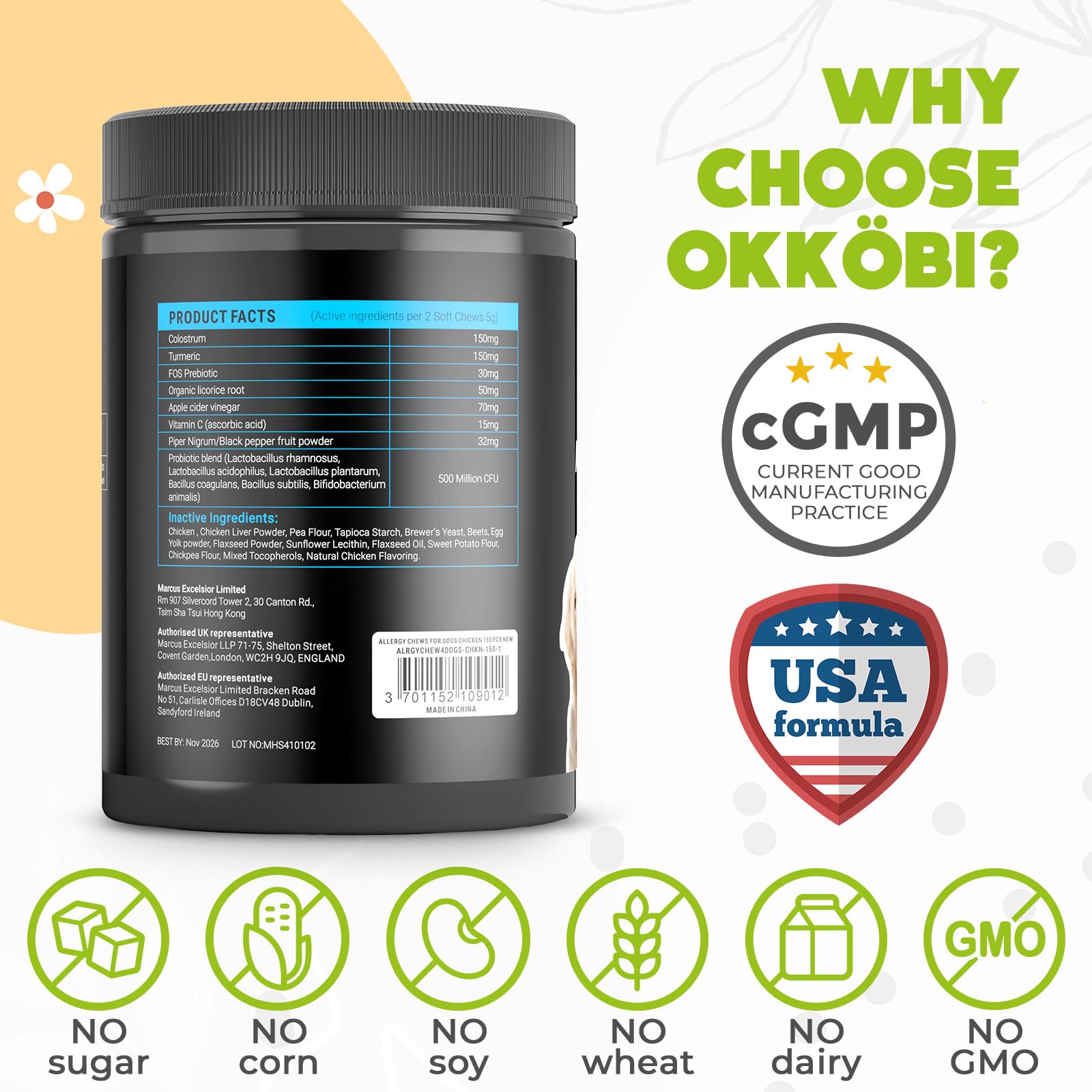 OKKÖBI alergia para perros: sabor pollo para una experiencia agradable.