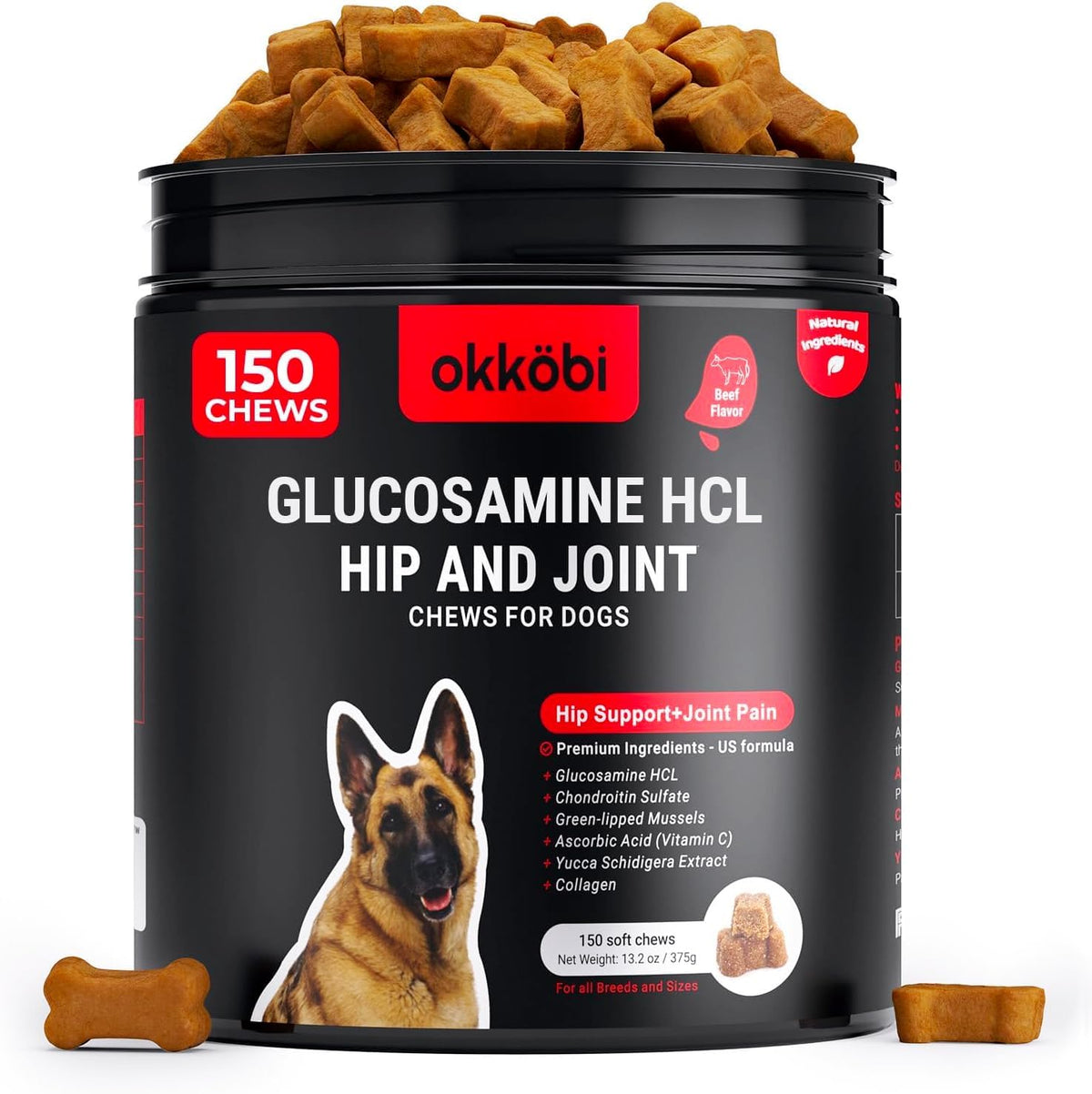 OKKÖBI Glucosamina HCL: botella para movilidad articular en perros