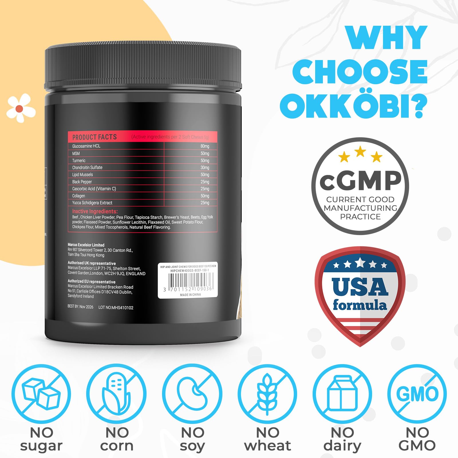 OKKÖBI Glucosamina HCL etiqueta con aprobación veterinaria