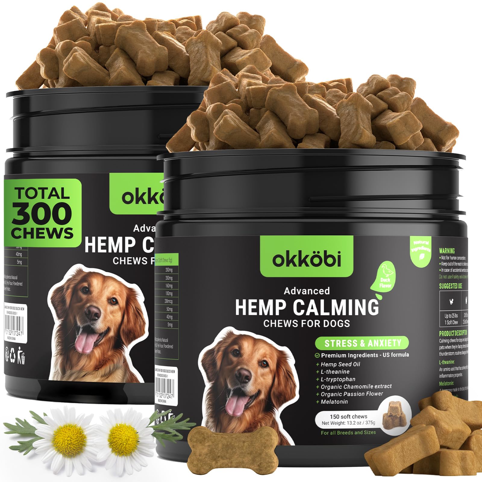 OKKÖBI premios calmantes para perros, sabor pato, empaque doble para viaje