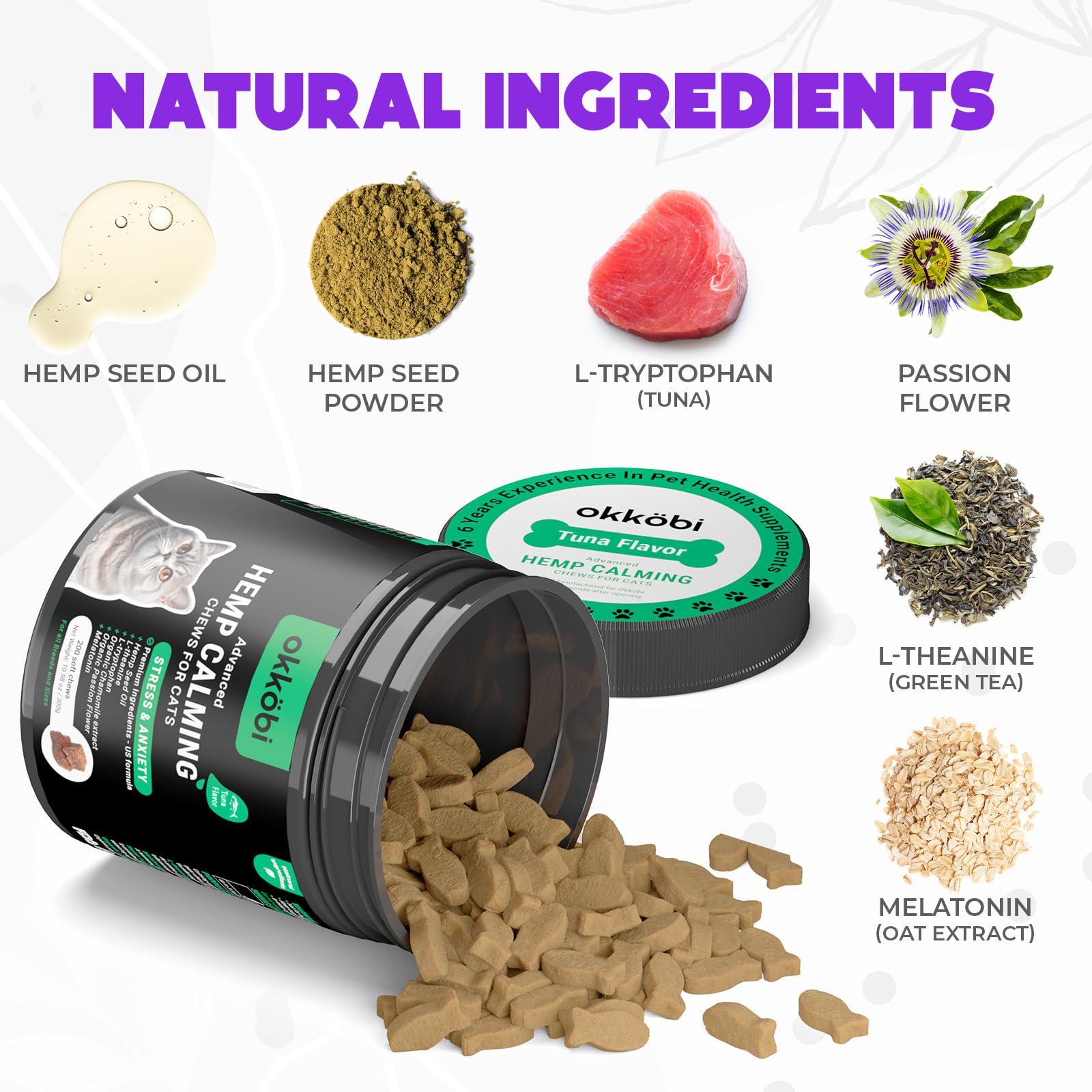 OKKÖBI ingredientes naturales cáñamo, apoyo al bienestar felino.