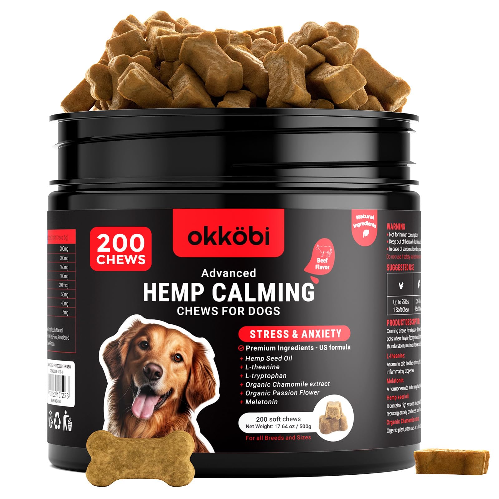 OKKÖBI masticables de cáñamo sabor ternera, lata de 200 piezas para calma sostenida.