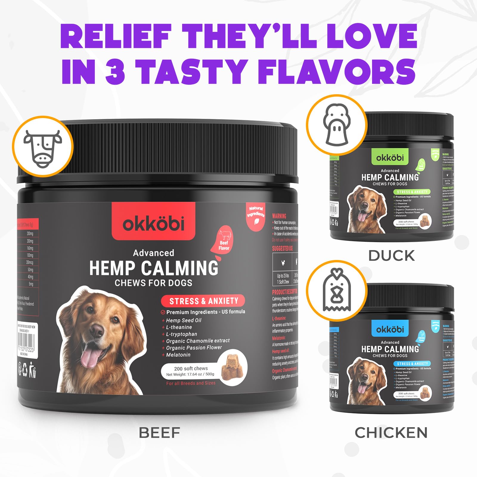 OKKÖBI masticables de cáñamo sabor ternera, uso diario seguro para perros.