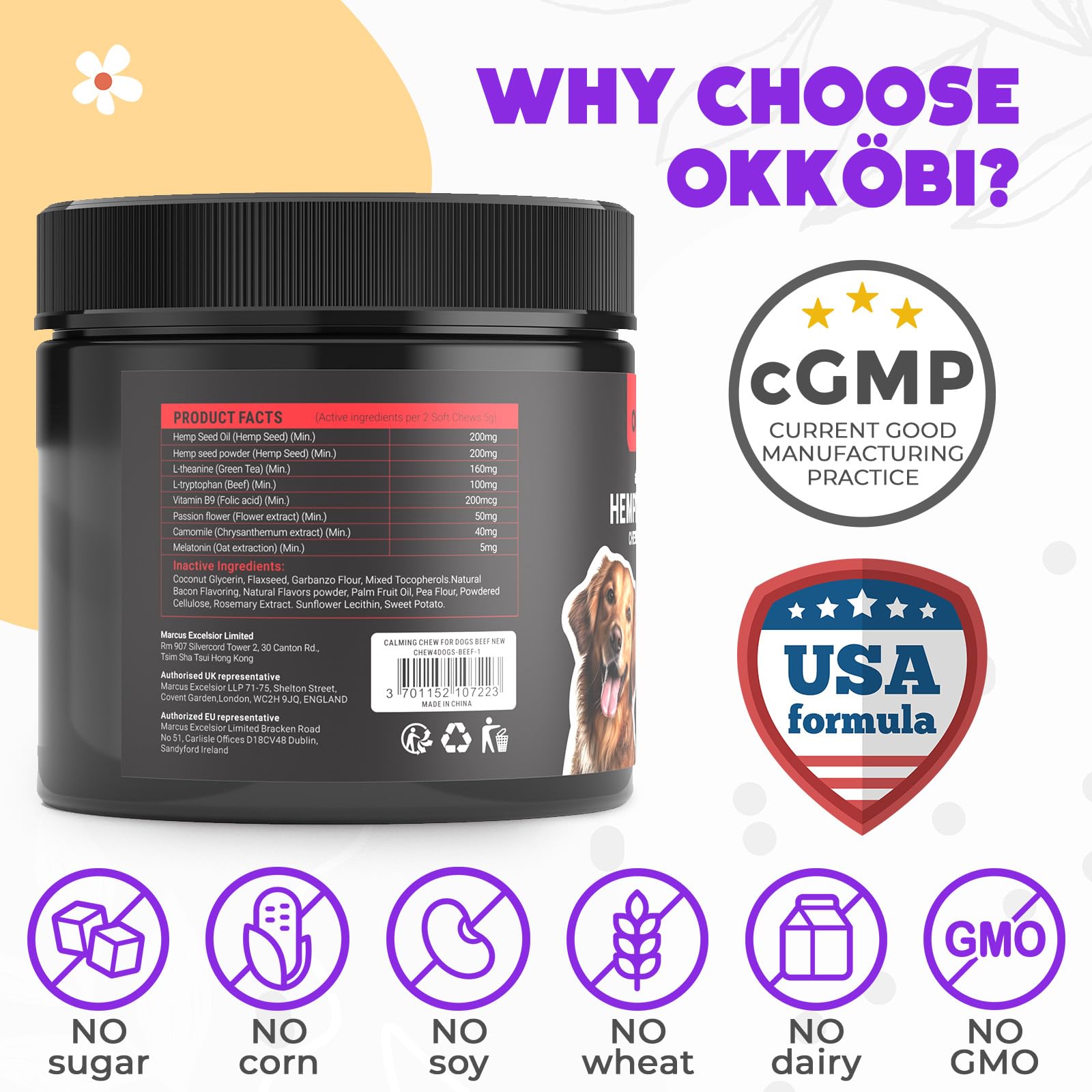 OKKÖBI masticables de cáñamo sabor ternera, útil durante visitas al veterinario.