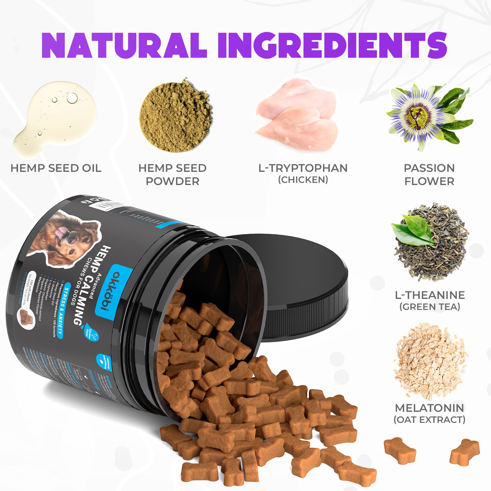 OKKÖBI masticables relajantes para perros, sabor pollo facilita la aceptación.