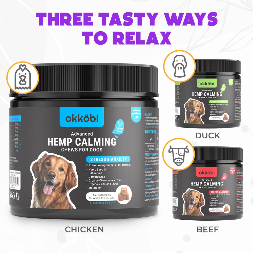 OKKÖBI masticables relajantes para perros, útiles en visitas al veterinario reduciendo estrés.