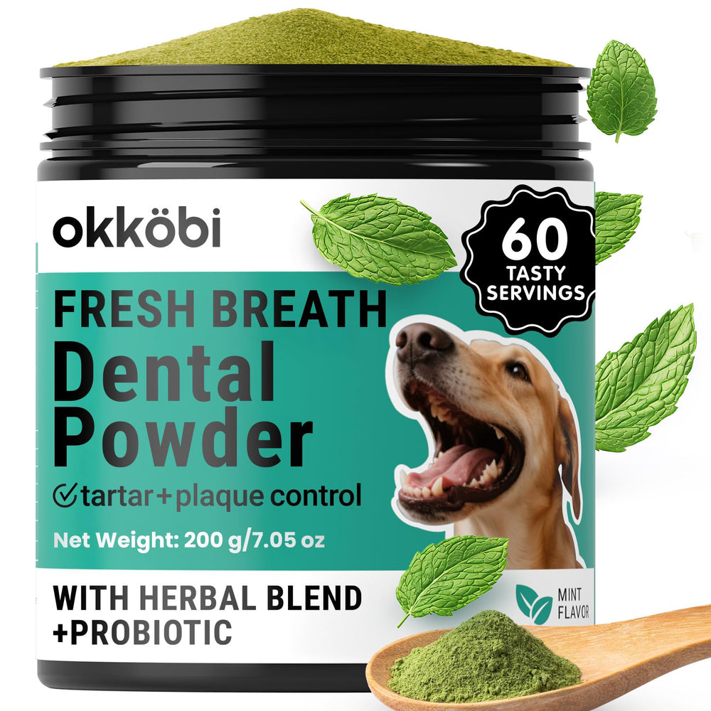 OKKÖBI Polvo dental para perros con ingredientes naturales mejora la salud bucal.