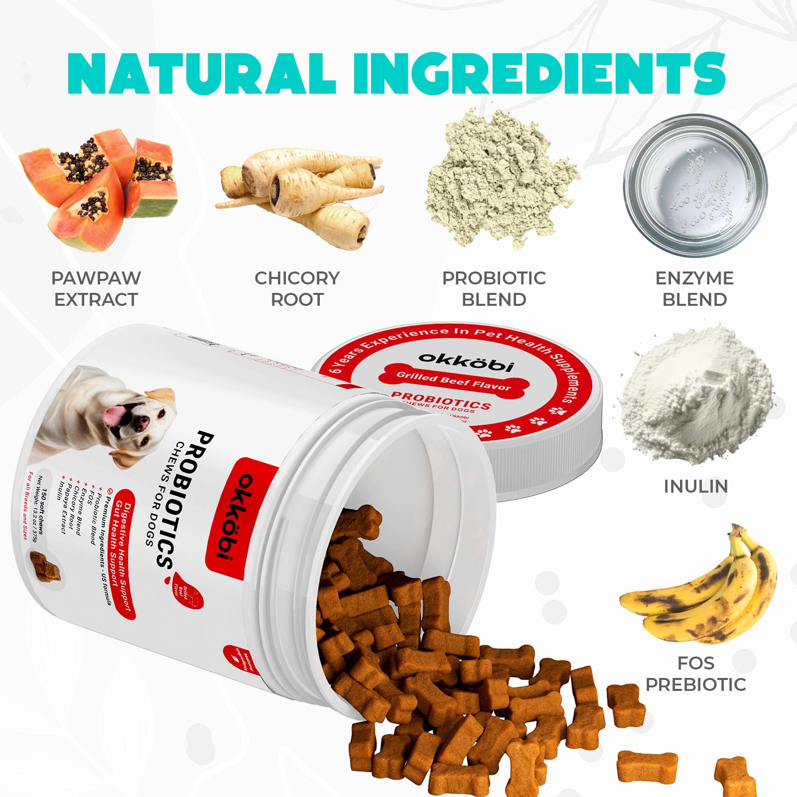 OKKÖBI probióticos para perros, ingredientes naturales clave para la salud digestiva.