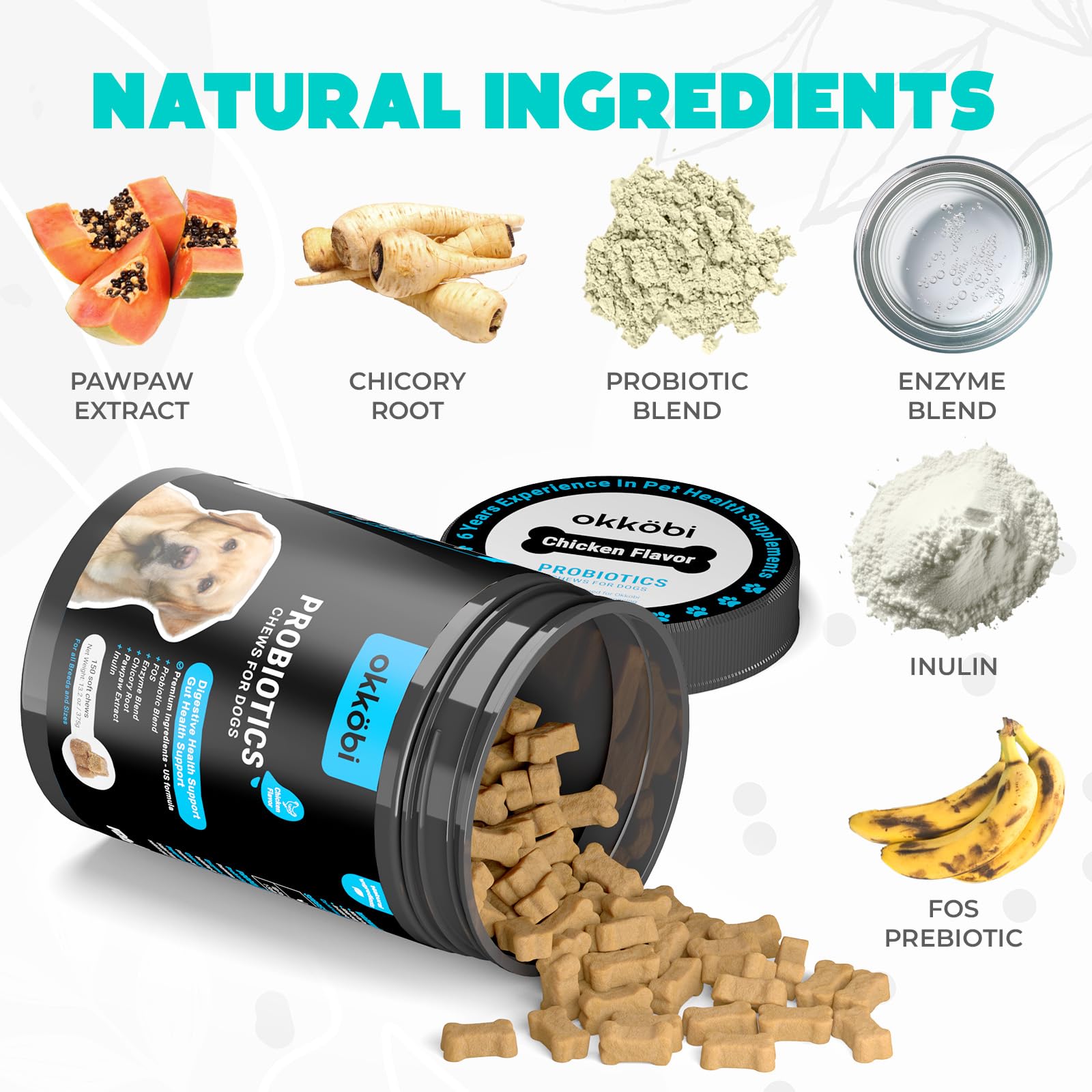 OKKÖBI Probióticos para perros: ingredientes naturales que apoyan la salud digestiva.