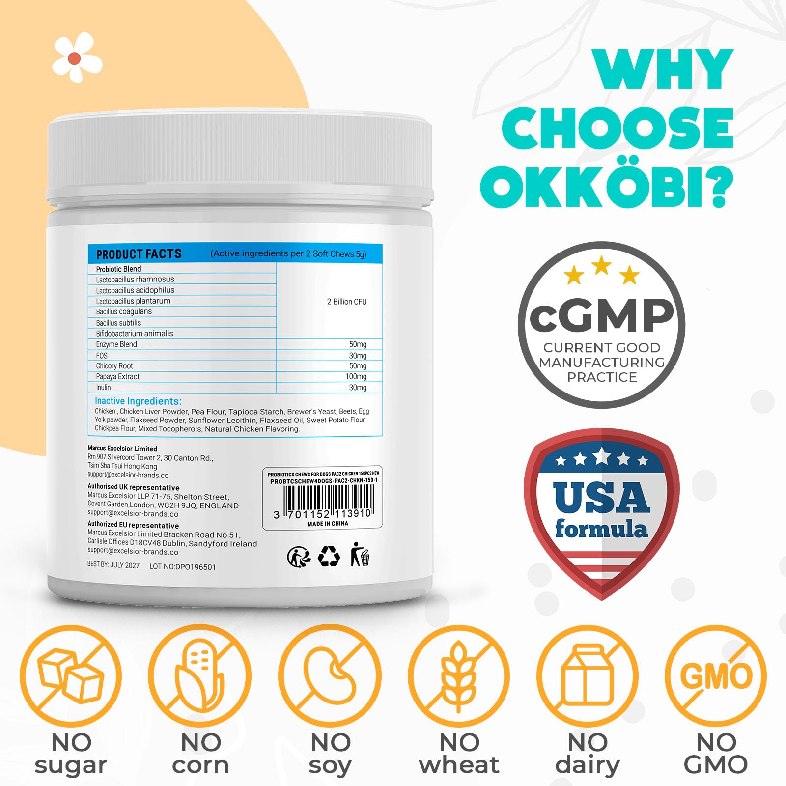 Paquete de 150 unidades de OKKÖBI, probióticos para perros.