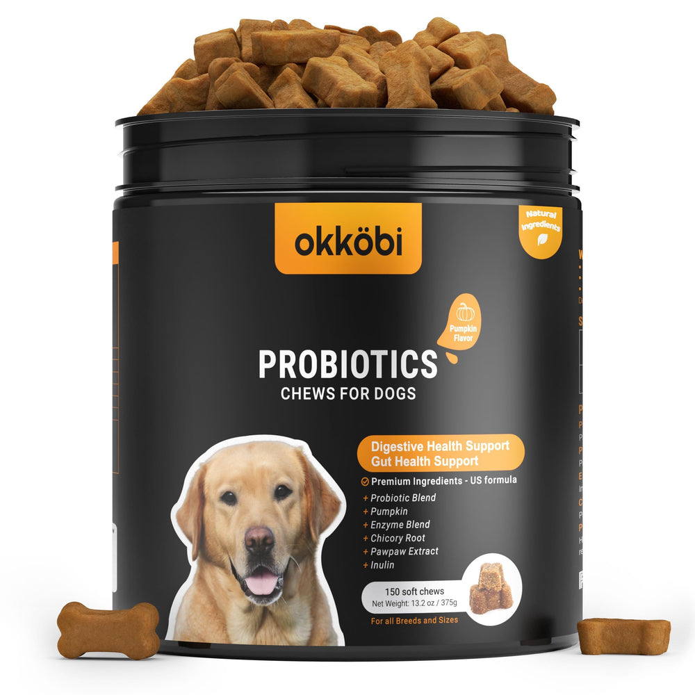 OKKÖBI Probiotics para perros: caja del producto, apoyo digestivo suave