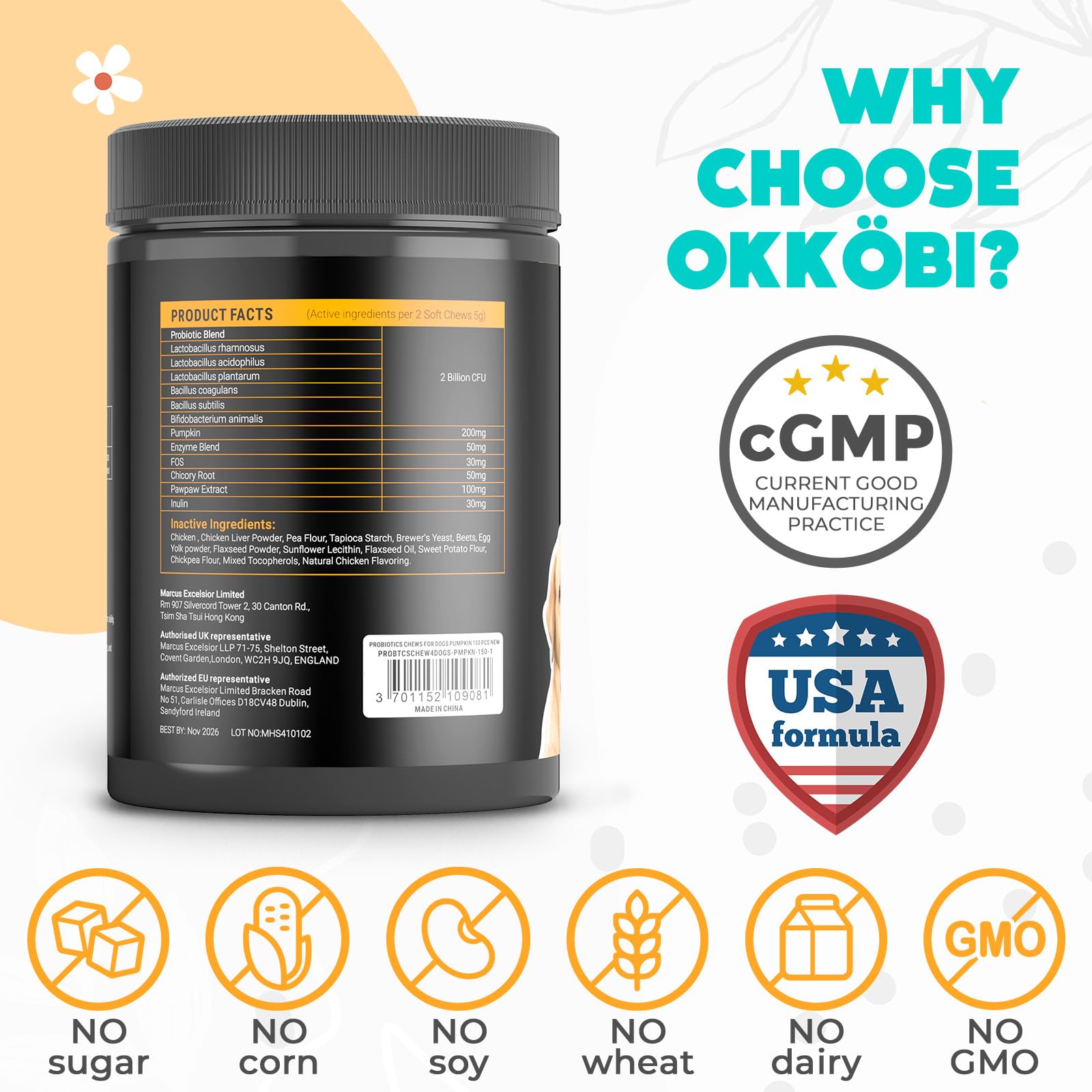 OKKÖBI Probiotics para perros, sabor pollo, masticables para la rutina diaria