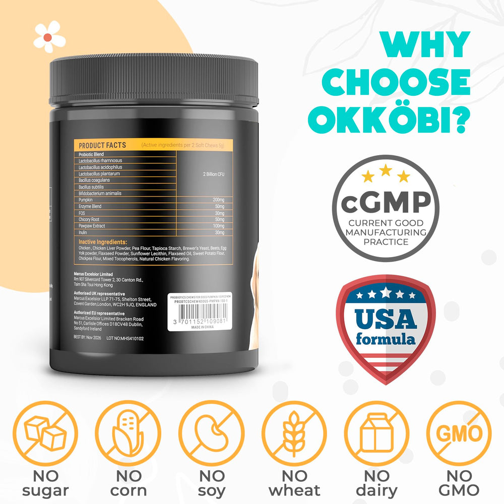 OKKÖBI Probiotics para perros, sabor pollo, masticables para la rutina diaria