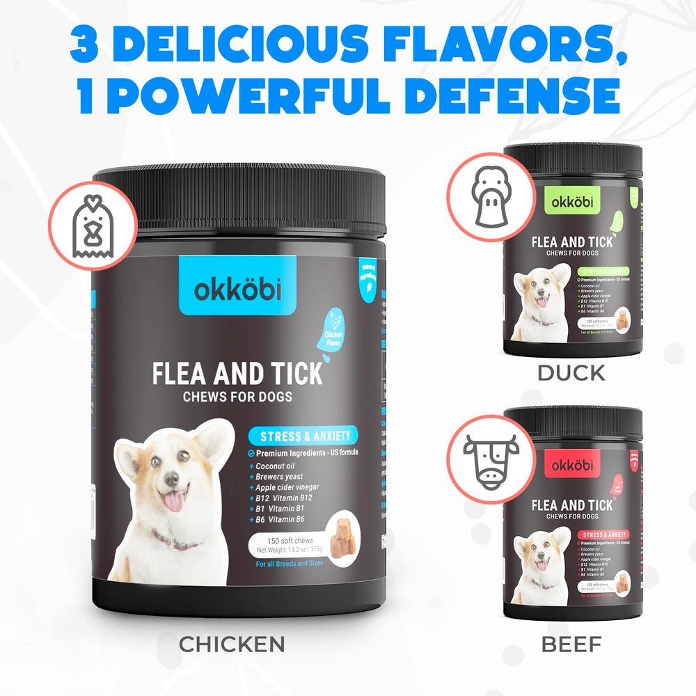 OKKÖBI variedades-sabores-pollo-carne-pato, elige el sabor favorito de tu perro.