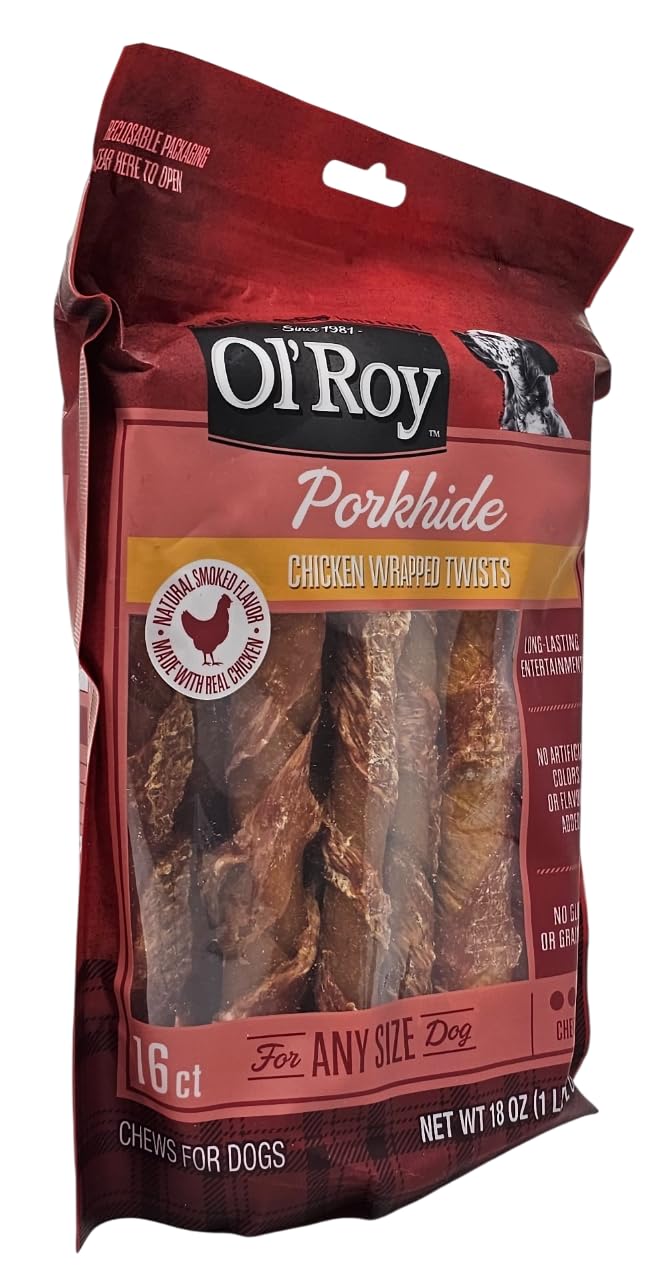 Ol' Roy tiras envueltas piel cerdo pollo, perfecto para morder y entretener a tu mascota.